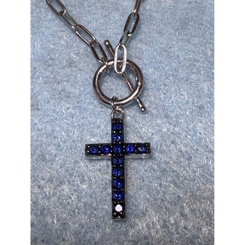 Sterling Silver Created Blue Sapphire Cross Paperclip Toggle‎ Necklace 18"